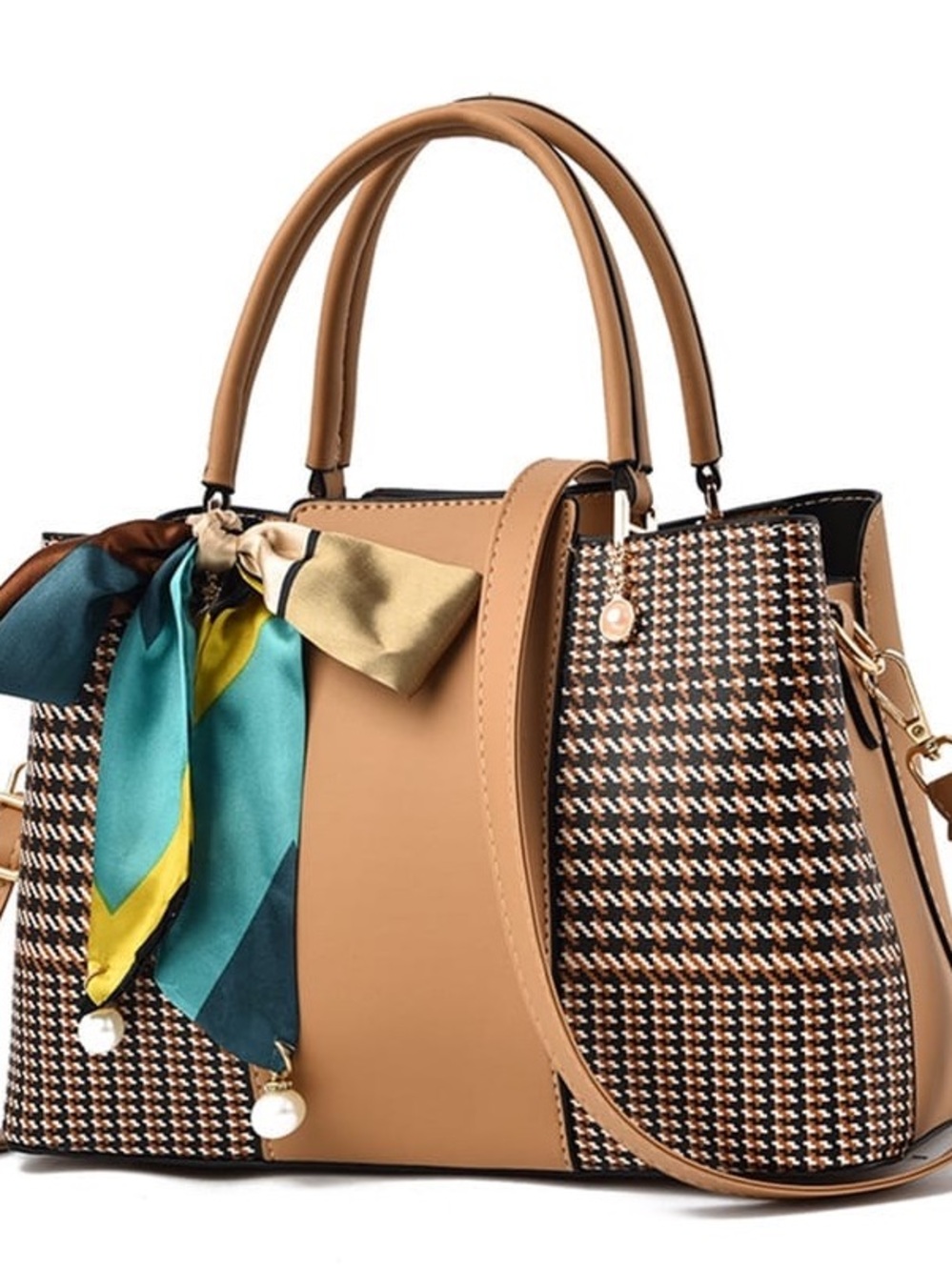 Tan Houndstooth Accent Satchel with Scarf